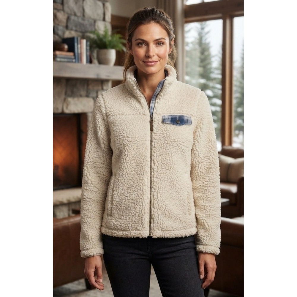 Pendleton Jacket Women's Medium Cream Sherpa Fleece Plaid Trim Full Zip P1558